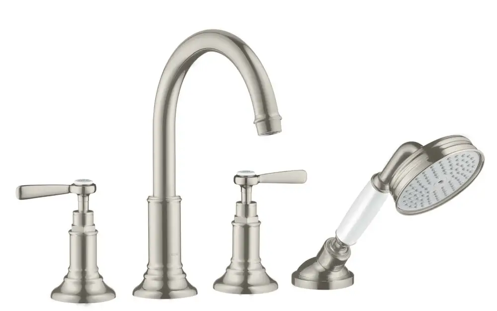 Montreux 4-Loch Armatur von AXOR mit zwei Hebelgriffen und einer Duschbrause in Edelstahl-Optik, geeignet für moderne Badezimmerinstallationen.